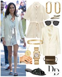 Sept. 2023, Meghan’s fashion details: - Blazer: @celine 2-button classic blazer in ivory. - Jumpsuit: @zara belted short jumpsuit in 'ecru'. - Shoes: @ysl Tribute sandals in New Vert Fonce. - Bag: @cestacollective Crossbody in Olive Grove. - Sunglasses: @krewe ‘Gravier’ Sunglasses. - Earrings: Bottega Veneta Chain Hoop earrings in gold. - Necklace: @brilliantearth Leo Zodiac Diamond Pendant. - Watch: Princess Diana’s @cartier Tank Française Watch. - Bracelet: cartier 'Love' Bracelet. - Rings: l