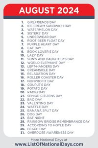 A printable list of national days for August 2024