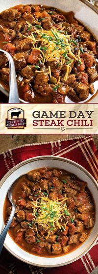 Certified Angus Beef®️️️️️️️️️️️️️ brand Game Day Steak Chili is an EASY chili recipe that uses the best bottom round roast for a full, DEEP FLAVOR! Onions, garlic and jalapeños put this SLOW COOKER chili ahead of the game! Perfect for a chilly night or a game day feast!  #bestangusbeef #certifiedangusbeef #beefrecipe #easyrecipes #gamedayrecipes