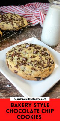 These Bakery Style Chocolate Chip Cookies are soft and gooey with chocolate in every bite. Have these cookies at home for a fraction of the cost of buying them at the bakery.  via @Baked Broiled and Basted