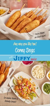 Are you a corn dog purest? Or would you make it a trendy treat? Corny Dogs made with "JIFFY" Corn Muffin Mix.