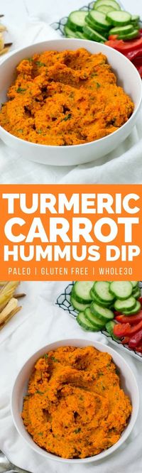 This turmeric carrot hummus dip is going to be your new favorite way to eat carrots! Ready in just minutes! #vegan #glutenfree #paleo #whole30 | bitesofwellness.com