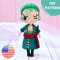 PLEASE READ THE DESCRIPTION BELOW BEFORE PURCHASING THIS PATTERN. THIS IS A DIGITAL PATTERN FOR MAKING AN AMIGURUMI VERSION RORONOA ZORO IT'S NOT THE FINISHED DOLL. LEVEL Intermediate PDF file with all the instructions The pattern comes with many images! FINISHED SIZE If crocheted with a 2.20mm hook, your finished doll measure approx 9'' IMPORTANT © 2021 AminekoAmigurumis. All rights reserved. This pattern is for PERSONAL use only. It is forbidden to copy, reproduce, alter, publish or distribute