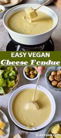 Enjoy this easy vegan fondue in just 30 minutes and with 10 ingredients - packed with creamy, gooey, cheesy flavor and texture (and secret veggies!) for a decadent, more-ish treat. Perfect for serving alongside bread, crudites, and more at dinner parties, events, during the Holidays, or even as a romantic surprise! Plus, this recipe is gluten-free, dairy-free, and can be made nut-free! #veganfondue #vegancheesefondue #vegancheese #swisscheese #elasrecipes | elavegan.com