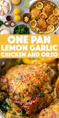 One Pan Lemon Garlic Chicken Thighs with Orzo - juicy golden brown lemon garlic chicken thighs with flavor-packed orzo and baby spinach.