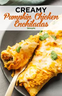 If you've never used this popular autumn squash to make Mexican food, you have to try these Creamy Pumpkin Chicken Enchiladas. Healthy and delicious!  #recipe #chicken #chickenrecipes #healthyrecipes #pumpkin #skinnyms