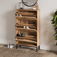 PRICE DROP: Our Fulton Pine Shoe Storage Cabinet is now available at a new lower price. Was £179 Now £159.Dunelm Exclusive - Designed and Developed by Dunelm * Pine effect finish * Industrial style * Black metal base and handles * 3 spacious tiers Featuring plenty of storage space and an industrial finish for the perfect mix of practicality and style, this Fulton Shoe Drop is complete with three shoe rack spaces and is perfect for neatly storing away footwear.