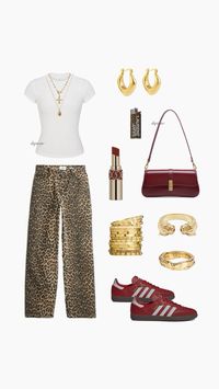 cheetah print • cheetah print outfit • leopard print • leopard print outfit • brown outfit • trend 2024 • leopard • cheetah • outfit • classic outfit • leopard jeans • cheetah jeans • white top • red outfit • red sambas outfit • adidas samba outfit • red bag • gold • bracelets