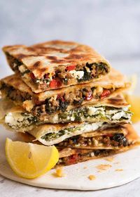 Stack of Gozleme with Spinach and Feta, spiced Lamb or Beef filling