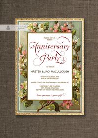 Antique Floral Anniversary Party Invitation in shades of blush pink, green and gold glitter by digibuddhaPaperie, $20.00