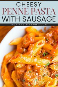 Here's a simple penne pasta with sausage for a perfect warm dinner idea! This best penne pasta recipe is cheesy, creamy, and mixed with a homemade Italian sausage meat sauce. Add the best comfort food recipe to your easy pasta recipe!