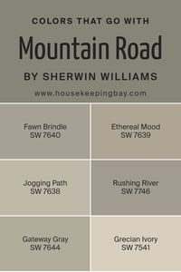 Choosing the right colors to combine with Mountain Road SW 7743 by Sherwin Williams enhances the overall aesthetic of your space, creating a harmonious and inviting atmosphere. When paired correctly, these complementary colors like Fawn Brindle, Ethereal Mood, and others, work together to bring out the best in each other, making your interior feel well-balanced and thoughtfully designed. Fawn Brindle SW 7640 offers a subdued brown tone that pairs perfectly with the neutral backbone of Mountain Road, adding a soft warmth.