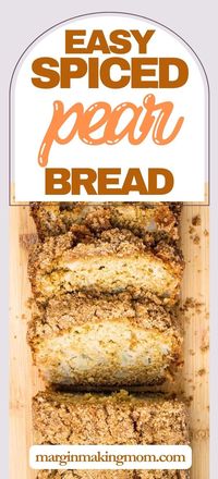 We love this streusel-topped pear bread! I make it with fresh pears if I have them on hand, or canned pears if that's what's in my pantry. Plus, it's an easy recipe! It's lightly spiced and perfectly sweet, so it makes a delicious breakfast, snack, or dessert.