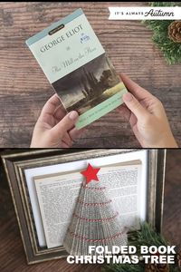 Learn how to turn an old book from the thrift store into a cute Christmas decoration with this folded book Christmas tree craft.