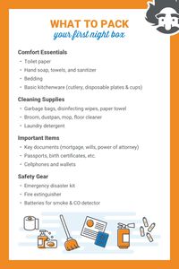 Moving soon? Don't forget to pack the essentials in a box, so it's easy to access the important things. (You don't want to be hunting down where the toilet paper is the first night of your move.) Pack comfort essentials, cleaning supplies, important items, and safety gear so you're prepared on day one in your new home.