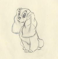 Lady MEDIUM: ​ Original Production DrawingIMAGE SIZE: 15.5" x 12.5" PRODUCTION: Lady and the Tramp YEAR: 1955FRAMING: Deluxe Framing IncludedSKU: CCV1613 ABOUT THE IMAGE: This rough animation drawing of Lady was created by Disney animator George Nicholas in development of a scene in Walt Disney's CinemaScope animated feature. It is an animator's extreme drawing with grid drawn at lower right. Lady wonders "What is a baby, anyway?" as Jim Dear passes her by on the stairs. George Nicholas supervis