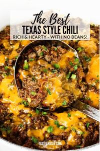 This Texas Style Chili Recipe is thick and hearty with a rich beefy flavor. It has no beans but instead is infused with Mexican spices, packed with hearty ground beef, and loaded with flavorful veggies like garlic, jalapeños, onions, and tomatoes. This Texas Chili Recipe is perfect for feeding a crowd on game day or serving as a comforting family dinner! #TasteAndSee