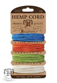 Hemp Cord Cards #20/#10. Polished finish. Approximately 4x29.8 feet / 4x9.1 meters. #20 = 1mm thickness, #10 = .5mm thickness. Biodegradable, Eco Friendly, AZO-Free Dye, and Oil Free.