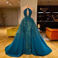 Dark Green Mermaid Evening Dresses With Detachable Train 2020 Real Image Shiny Sequin Women Long