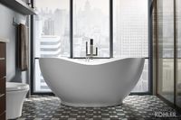 With an organic oval shape inspired by clay pottery, the Abrazo bath makes a striking focal point for your contemporary bathroom.