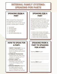 Internal Family Systems approach for helping you to speak for a part, rather than from a part. Helps with unblending a part from Self, and allowing Self to speak on the part's behalf.