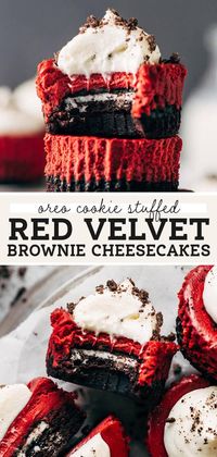 These mini red velvet cheesecakes are baked with a brownie crust and stuffed with an oreo cookie. They're rich, creamy, and bursting with so much flavor. #redvelvet #cheesecake #oreo #minicheesecake #butternutbakery | butternutbakeryblog.com