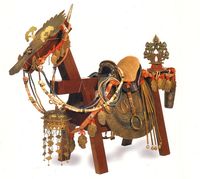 Antique samurai saddle (kura) in the Chinese style (karagura), Tamukeyama Hachimangu Shrine, Japan.