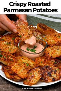 Coated in golden crispy parmesan, these parmesan crusted potatoes are the ultimate upgrade to a classic side dish and so easy to put together.