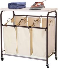 Amazon.com: Ollieroo Classic Rolling Laundry Sorter Cart Heavy Duty 3 Bags Laundry Hamper Sorter with Ironing Board (Beige) : Home & Kitchen