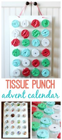 A simple tissue Punch advent calendar. Kids can break open the tissue each day to find the surprise inside each cup!