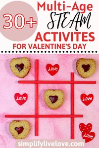 Looking for fun multi-age STEAM Valentine's Day Party ideas for kids, class, or homeschool? This list of 30+ multi-age activities will help all ages learn something new and fun. It includes, STEM, math, reading, & writing ideas! #valentinesday #homeschool #valentineparty #valentinecrafts #valentinesparty