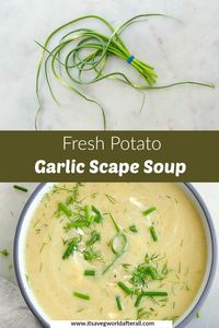 Potato Garlic Scape Soup - the best garlic scape soup recipe featuring potatoes, onion, broth, and a touch of sour cream. This soup will please any garlic lover in your life, and tastes incredibly fresh and flavorful from simple ingredients! Vegetarian and gluten free. #garlicscapes #summervegetables #soup