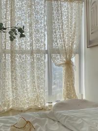 A romantic and lovely look sheer curtain that can be easily installed with a rod. The sunlight streaming through the embroidered flowers on these curtains creates a cozy atmosphere to entire room. Custom sizes are available.  * P L E A S E N O T E * ☁️ The size is measured when laid flat, It is recommended to choose a width 1.5 to 2 times wider than the window for a better and more pleated appearance. ☁️ Please pay attention to the size before purchase. We do not accept exchange or return for cu