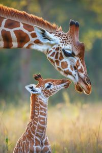 Witness the tender bond between a mother giraffe and her adorable baby as they share a sweet moment in the golden light of the savannah. This captivating image captures the essence of maternal love and the beauty of wildlife in its natural habitat. Perfect for animal lovers and nature enthusiasts!   #WildlifePhotography #GiraffeLove #MotherAndBaby #NatureLovers