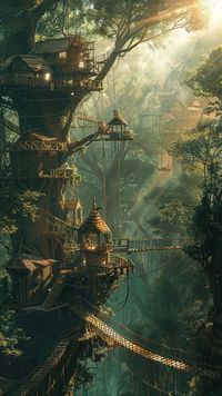 Enchanted Treehouse Escape: A mystical treehouse village nestled within an ancient forest bathed in the morning's ethereal light. #enchanted #treehouse #forest #mystical #village #ancient #morning #light #aiart #aiphoto #stockcake https://ayr.app/l/cPAC