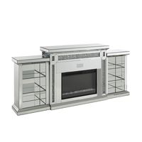 PRICES MAY VARY. TV Stand with Fireplace (AC00518) Materials: Composite Wood, Mirror, Acrylic, Glass; Color: Mirrored Dimensions: 82"L x 15"W x 39"H Weight: 120 lb. Features: LED Electric Fireplace; Beveled Mirrored Frame; Faux Diamonds Inlay; Touch Panel/Remote Controller (Batteries Required 2pc x AAA); Adjustable Temperature, Timer, Light Only; Management Cord; 3 Open Compartments each Side; Bluetooth with Media Function; 16 Colors LED; Adjustable LED Brightness; 4 Modes Atmosphere Light Frame