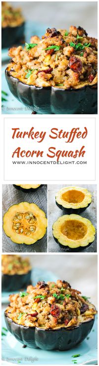 Turkey Stuffed Acorn Squash – it’s a Fall on a plate; Turkey with Apples, Cranberries and dried Thyme stuffed in a sweet Acorn Squash makes for irresistible combination of fall flavors.