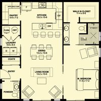 This compact plan features a fully equipped kitchen with a walk-in pantry and eating bar that comfortably seats four. The spacious floor plan accommodates full sized furniture and appliances. 9' ceilings and pocket doors throughout the home create a spacious and open feeling. Sliding doors in the living room take you outside to the perfect spot for a patio. Pocket doors leading into the master suite can either be closed for privacy or can provide a large 5'4" opening. The modern walk-in shower p