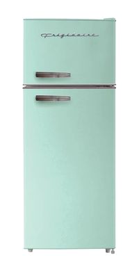 The Frigidaire 7.5 cu. ft. Retro Top-Freezer Refrigerator with Chrome Handles and Accents is the perfect size for smaller kitchens, office breakrooms, man caves and she sheds, or your basement rec room. It combines easy-to-use features with practical design to enhance your space. Frigidaire 7.5-cu ft Counter-depth Top-Freezer Refrigerator (Mint) | EFR753-MINT