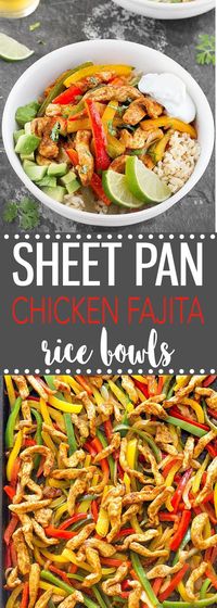 Sheet Pan Chicken Fajita Rice Bowls- A quick, simple and mouthwatering weeknight dinner that makes great leftovers! via @easyasapplepie