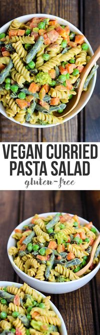 This Vegan Curried Pasta Salad is ready in under 30 minutes and is full of fresh vegetables and plant protein. Perfect for cold lunches or summer cookouts!