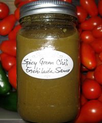 I just love green chile enchilada sauce , but sometimes it can be hard to find where I live. I created this recipe so that I could make my own and freeze it. This year I put in a garden and grew a lot of anahiem peppers and tomatillos, so I started canning my sauce. Sometimes I will make it mild and other times I add serrano peppers for some kickin' heat ! You will love this sauce ! I use it to make beef or chicken enchiladas, Mexican lasagna and anything else I can think of to use it in. It's s