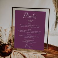 $11.00 | Minimal Leaf | Berry Purple Wedding Drinks Menu #elegant wedding sign, modern bachelorette party sign, simple wedding bar menu, greenery wedding signs, botanical wedding reception signage, classic whimsical minimalist leaves k102, dark purple pink drinks menu, purple drink menu sign, minimal romantic boho violet garden, spring summer fall bohemian