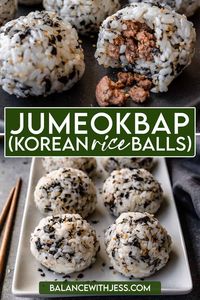 Jumeokbap, or Korean Rice Balls, are perfect for kids! Make easy rice balls stuffed with ground beef bulgogi in just 30 minutes. Delicious, great to take on-the-go, and easy to switch up the filling with whatever leftovers you have! Dairy free, less than 10 ingredients, snack, appetizer, breakfast.