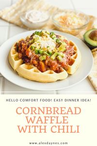 These are not your typical sweet breakfast waffles! These are a delicious, savory Cornbread Waffle with Chili! You will love the flavor of the fluffy, homemade cornbread waffle topped with homemade chili, shredded cheese, sour cream, and avocado! Taking comfort food to the next level with this simple weeknight meal. Make it with me!