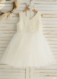 A-line V-Neck Knee-Length Satin/Tulle Flower Girl Dress (010220969)