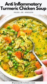 This anti inflammatory turmeric chicken soup is made in one pot with leeks, onions, carrots, celery, peas, chicken, chicken broth, coconut milk, and flavorful spices. It is packed with nutrients, and perfect for meal prep or family dinner. The best way to warm up with when you need some homemade nourishment! Dairy free, paleo, gluten free, vegetarian option.