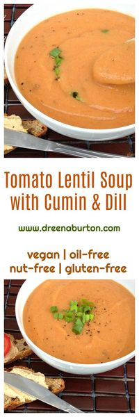 The ingredients are simple. The flavors are divine! TOMATO DILL LENTIL SOUP with cumin and dill www.dreenaburton.com