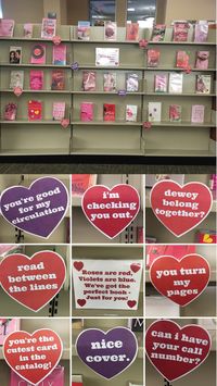 Valentine's Day library book display with punny candy heart pick up lines