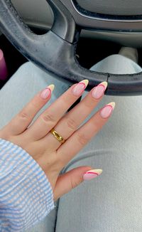 yellow nail inspo. yellow and pink french tip nails. summer nails 2024. bright summer nails. pink and yellow nail ideas for spring and summer. cool girl nails. clean girl nails. fun and funky cool nails. #summer #nails #summernails #nailinspo #brightnails